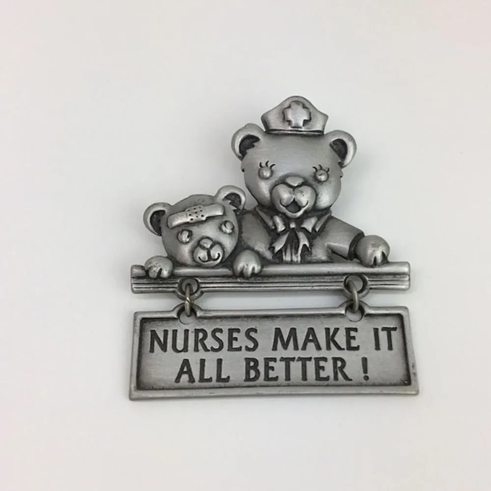 Vtg. J.J. Brooch Pin Nurses‎ Teddy Bear Articulated Kitchy Cute Nurse Gift